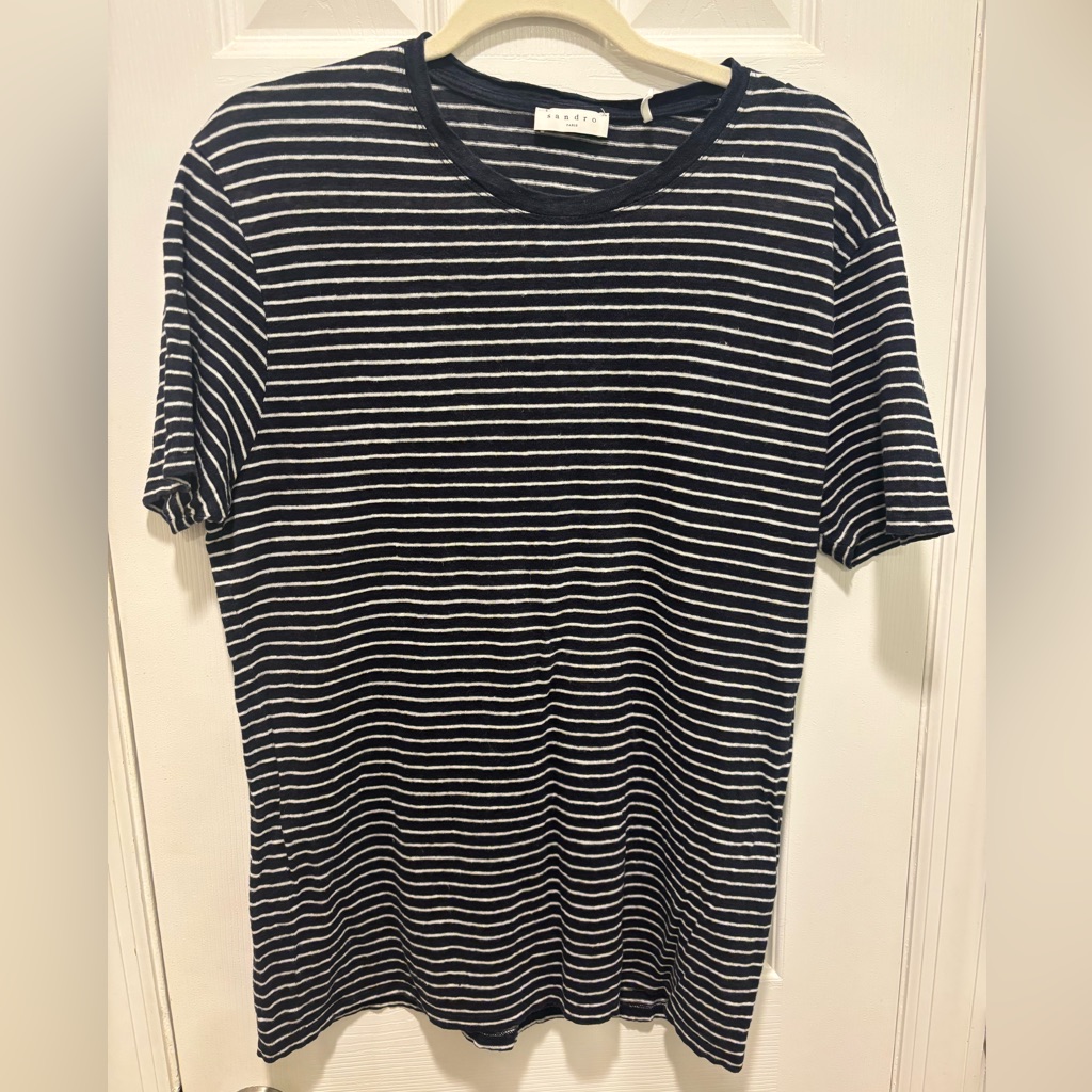Sandro Blue And White Striped Linen Tee Men’s Small (44)